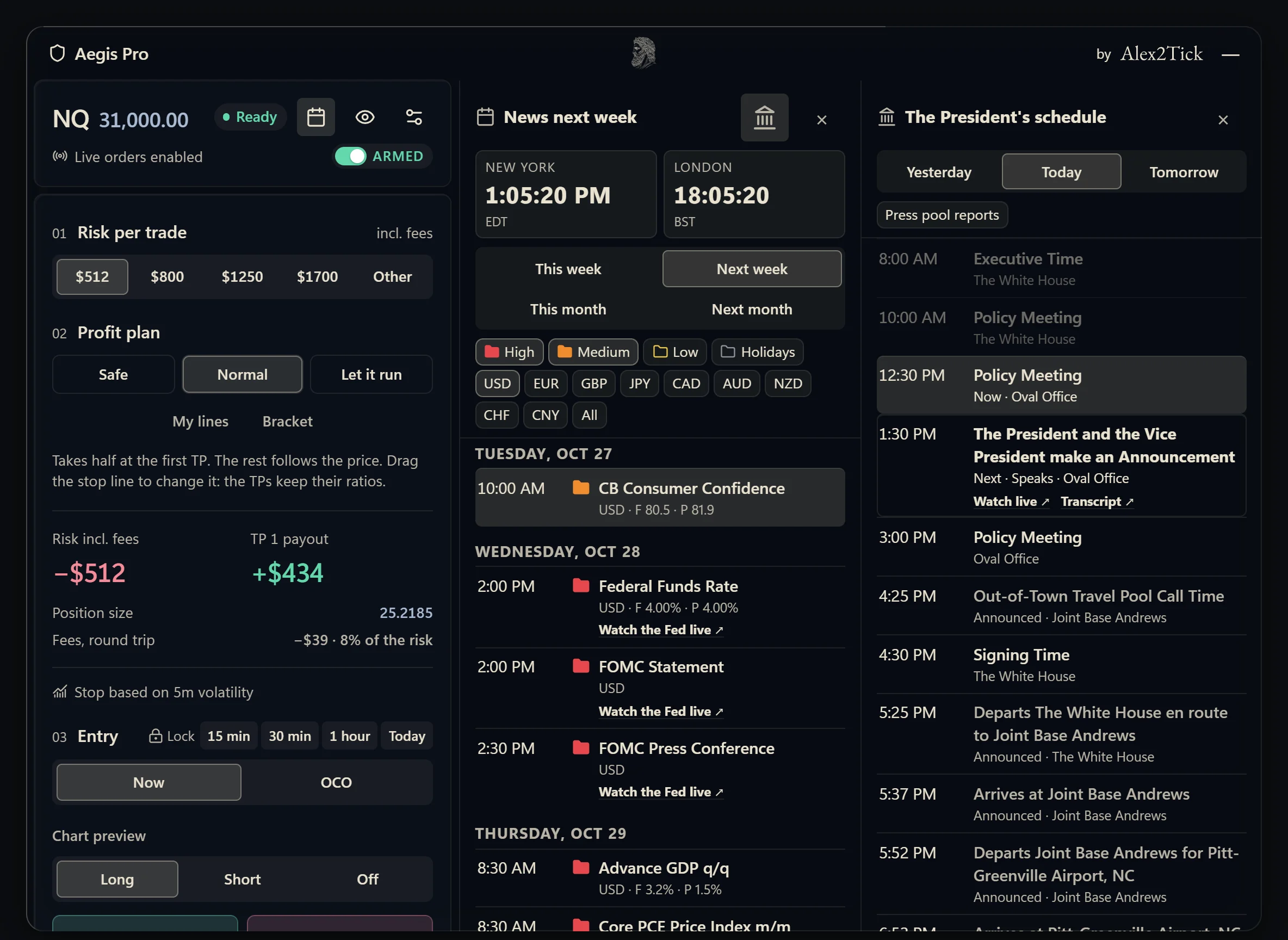 Aegis Pro with both columns open. On the left the panel, at $512 risk. In the middle, News next week: New York and London clocks, the week's US releases in red and orange folders, the Fed's rate decision, statement and press conference on Wednesday with Watch the Fed live, then GDP and Core PCE on Thursday. On the right, the President's schedule for today: a policy meeting marked Now, and next, an announcement with the Vice President, marked Speaks, with Watch live and Transcript links.