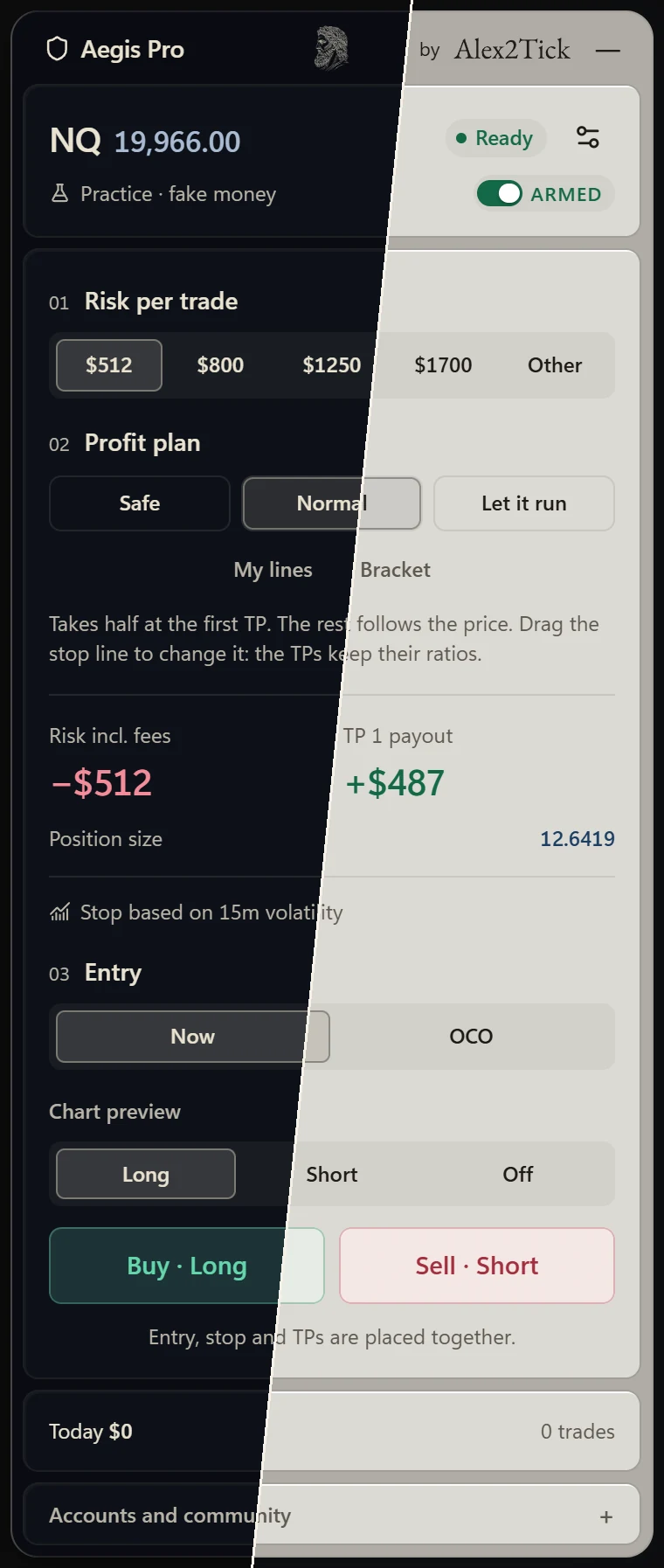 The Aegis Pro panel split on a diagonal: the Night look on the left, the Day look on the right, at the same moment, with $512 picked and ARMED at the top.