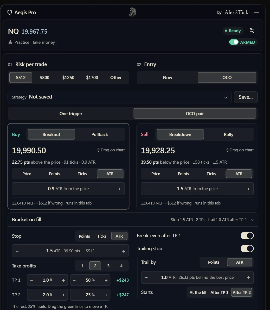 The OCO builder in two columns: Risk per trade and Entry across the top, the saved strategy, One trigger or OCO pair, the buy and sell sides next to each other, and the bracket on fill below them.