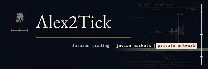 Dark sapphire banner: a small engraved classical head in profile above a gold rule, the name Alex2Tick in large ivory serif, and the labels futures trading | jovian markets | private network, the last in madder on an ivory block. Behind it, faded, a Jovian Markets research chart headed S&P 500 — Cost Basis with the caption positioning context, not prediction.