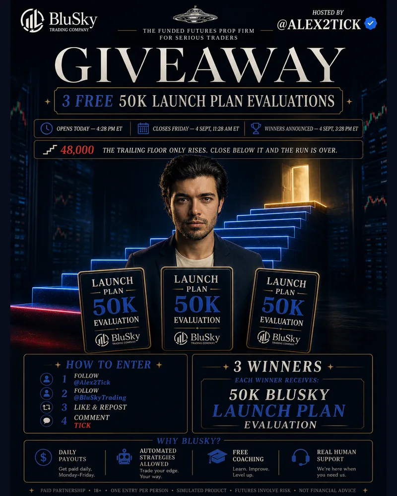 Navy poster with gold hairline boxes. Header: the BluSky Trading Company logo and Hosted by @ALEX2TICK. Large ivory serif text: Giveaway, 3 free 50K Launch Plan evaluations, with chips for when it opened, closed (Friday 4 Sept, 11:28 AM ET) and when winners were announced. A box shows 48,000 in red: the trailing floor only rises; close below it and the run is over. A rendered portrait of a man in a dark blazer before blue-lit stairs rising to a glowing doorway. How to enter: follow @Alex2Tick, follow @BluSkyTrading, like and repost, comment TICK. Why BluSky: daily payouts, automated strategies allowed, free coaching, real human support. Footer: Paid partnership · 18+ · one entry per person · simulated product · futures involve risk · not financial advice.