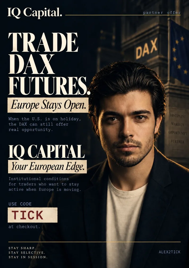 Dark poster. Header: IQ Capital. and partner offer. Large ivory serif text: Trade DAX futures. A label reads Europe Stays Open. Mono text: When the U.S. is on holiday, the DAX can still offer real opportunity. Then IQ Capital, Your European Edge, institutional conditions for traders who want to stay active when Europe is moving. Use code TICK at checkout. A rendered portrait of a man in a dark blazer before a stone building marked DAX with an EU flag. Footer: Stay sharp. Stay selective. Stay in session. Alex2Tick.