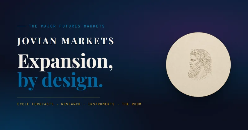 A dark navy banner. On the left: The major futures markets, the wordmark JOVIAN MARKETS, the line Expansion, by design. and Cycle forecasts · Research · Instruments · The Room. On the right: a parchment medallion with an embossed laurel-crowned classical head in profile.