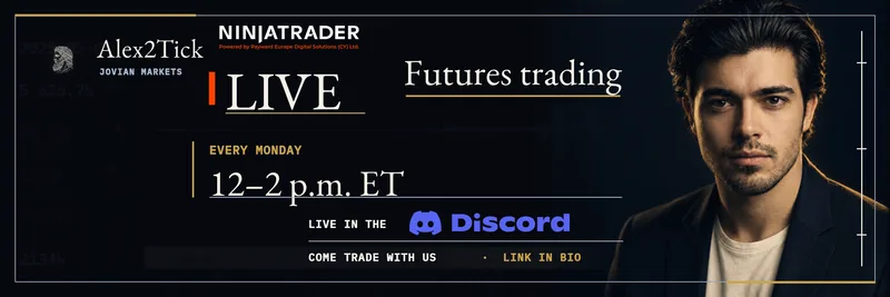 The Alex2Tick banner on X: Alex2Tick, Jovian Markets. NinjaTrader LIVE. Futures trading. Every Monday, 12–2 p.m. ET. Live in the Discord. Come trade with us · link in bio. A portrait of Alex2Tick on the right.