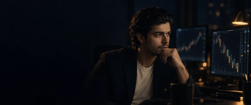 A man in a dark blazer and off-white tee seated at a desk at night, chin on his hand, with two monitors of out-of-focus chart grids and a warm desk lamp behind him.