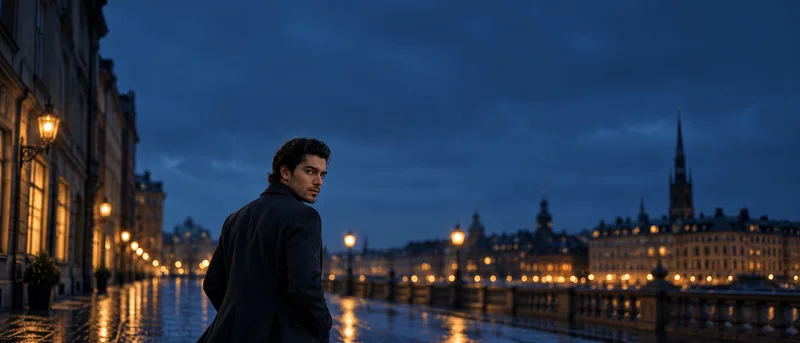 A man in a dark overcoat on a wet stone quay at blue hour, looking back over his shoulder, with lamp-lit buildings and a church spire across the water.