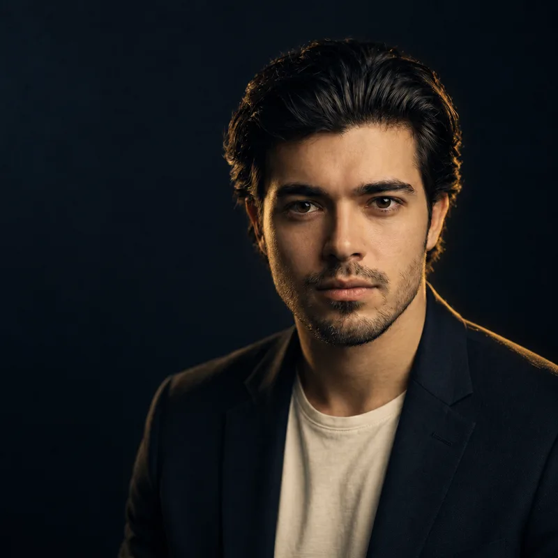 Head-and-shoulders portrait of a man with swept-back dark hair and light stubble, a dark navy blazer over an off-white crew-neck tee, warm gold rim light from the right on a sapphire-black backdrop.