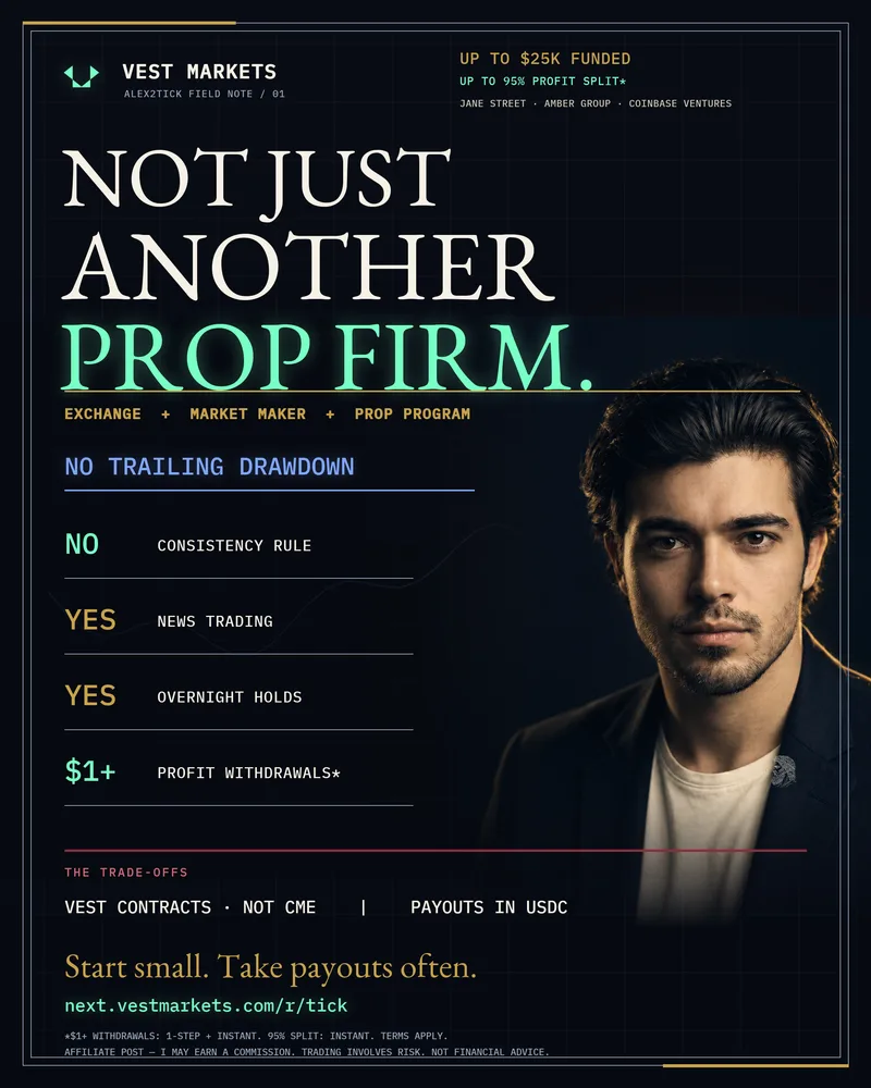 Dark poster with gold hairline frame. Header: the Vest Markets mark, Vest Markets, Alex2Tick field note 01; up to $25K funded, up to 95 profit split, Jane Street, Amber Group, Coinbase Ventures. Large ivory serif text: Not just another prop firm, the last line in mint. Exchange plus market maker plus prop program. No trailing drawdown. No consistency rule; yes news trading; yes overnight holds; $1+ profit withdrawals. The trade-offs: Vest contracts, not CME; payouts in USDC. Start small. Take payouts often. next.vestmarkets.com/r/tick. Footer: terms apply; affiliate post, I may earn a commission, trading involves risk, not financial advice. A rendered portrait of a man in a dark blazer on the right.