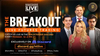 Poster for NinjaTrader LIVE, The Breakout: live futures trading. Catch us live in the NinjaTrader Discord every Monday, 12–2 PM ET, exclusively on Discord at discord.gg/ntlive. @iamJMinx × @Alex2Tick × @TradeyBrady × @Rizzo_Trades. Live futures trading. Real-time analysis. See you Monday. Portraits of the four hosts and the Traders Wealth Lounge seal.