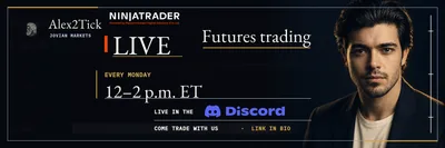 The Alex2Tick banner on X: Alex2Tick, Jovian Markets. NinjaTrader LIVE. Futures trading. Every Monday, 12–2 p.m. ET. Live in the Discord. Come trade with us · link in bio. A portrait of Alex2Tick on the right.